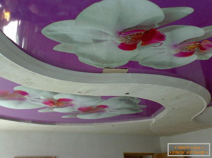 Composición con flores en techos tensados ​​con impresión de fotografías: una solución interesante para decorar la sala de estar.