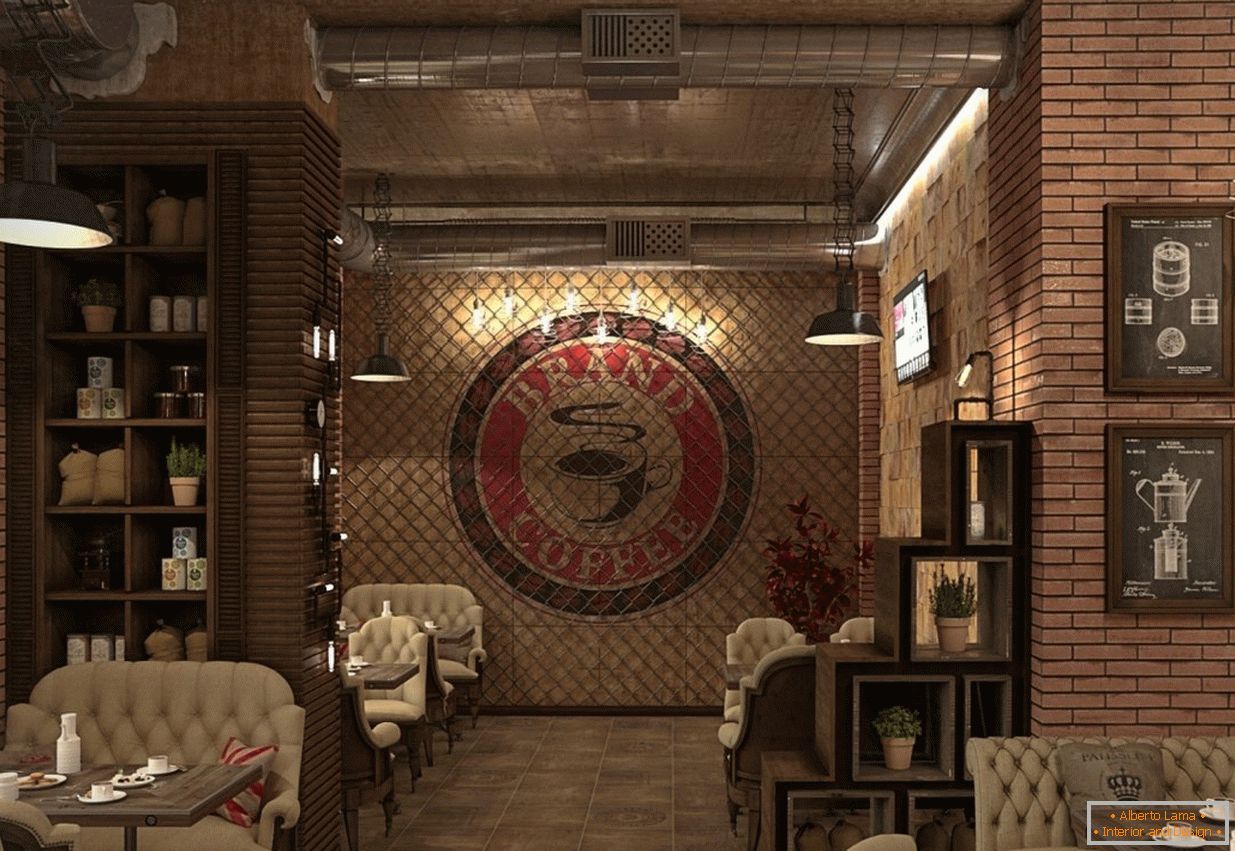 Café interior en estilo loft в кирпичном цвете
