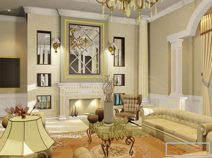 Diseño interior de la sala de estar en una casa privada en un estilo clásico