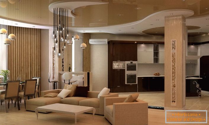 Una opción de iluminación interesante para la sala de estar en el estilo moderno. Una característica característica de los interiores en estilo moderno son las superficies brillantes, por ejemplo, un techo de dos niveles.