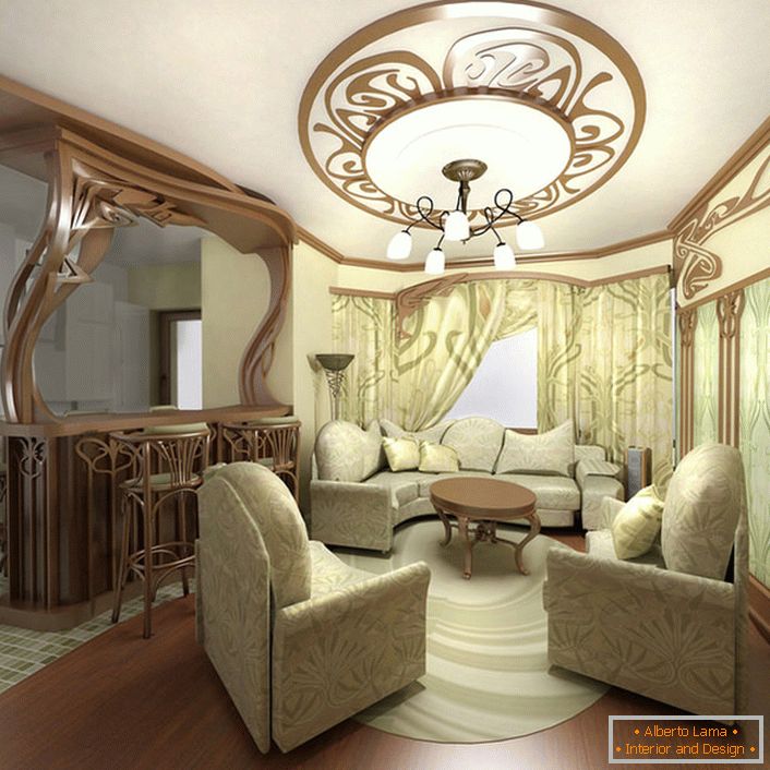 Exquisitos muebles para una pequeña sala de estar de estilo Art Nouveau en un apartamento de la ciudad en Moscú.
