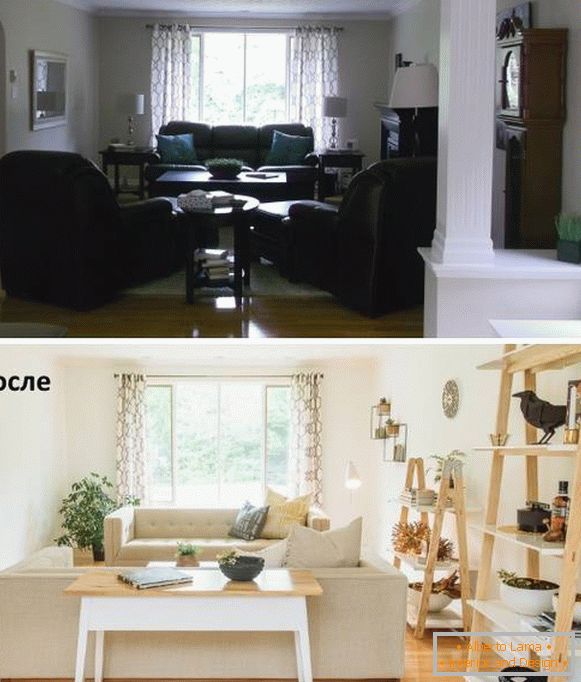 Arreglo de los muebles en la sala de estar antes y después del turno