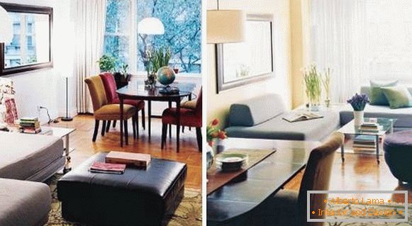 Diseño de la sala antes y después de reorganizar los muebles en la foto