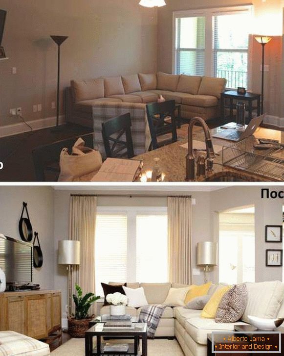 Variantes de disposición de muebles en un salón en una foto antes y después