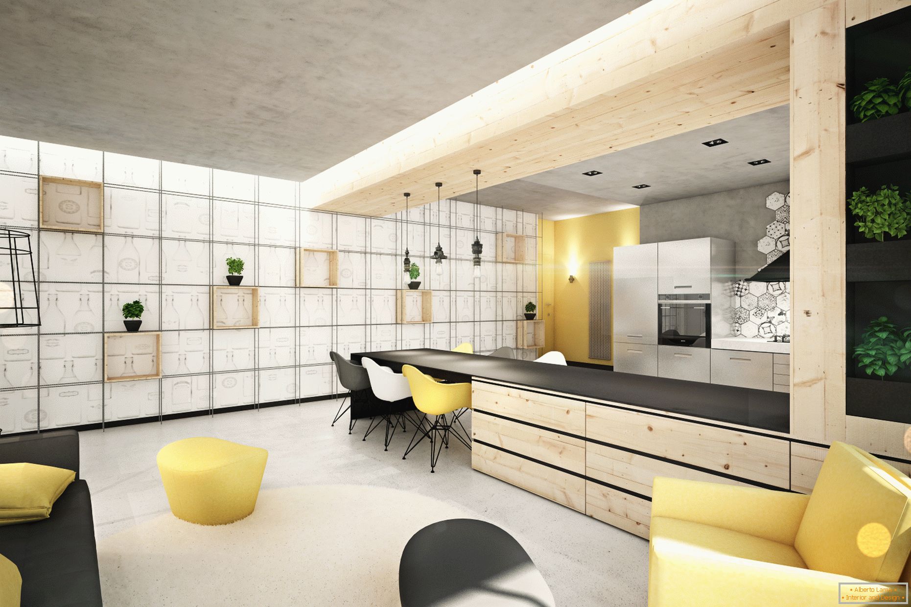 Interior de un pequeño apartamento con detalles en amarillo y negro