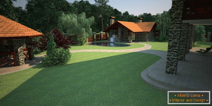 El diseño del patio de la casa de campo se realiza teniendo en cuenta el aterrizaje del césped inglés. 