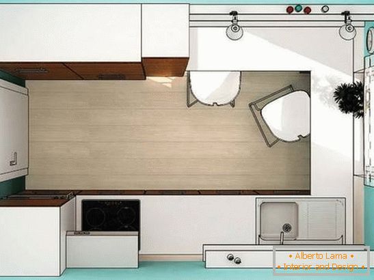 El plan de una pequeña cocina en color turquesa
