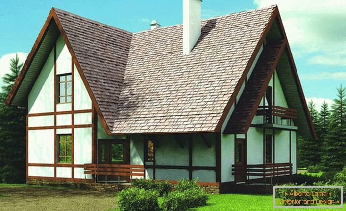 La fachada del edificio de la casa está decorada de acuerdo con los requisitos del estilo escandinavo. La madera en contraste se convierte en una característica notable del estilo. 
