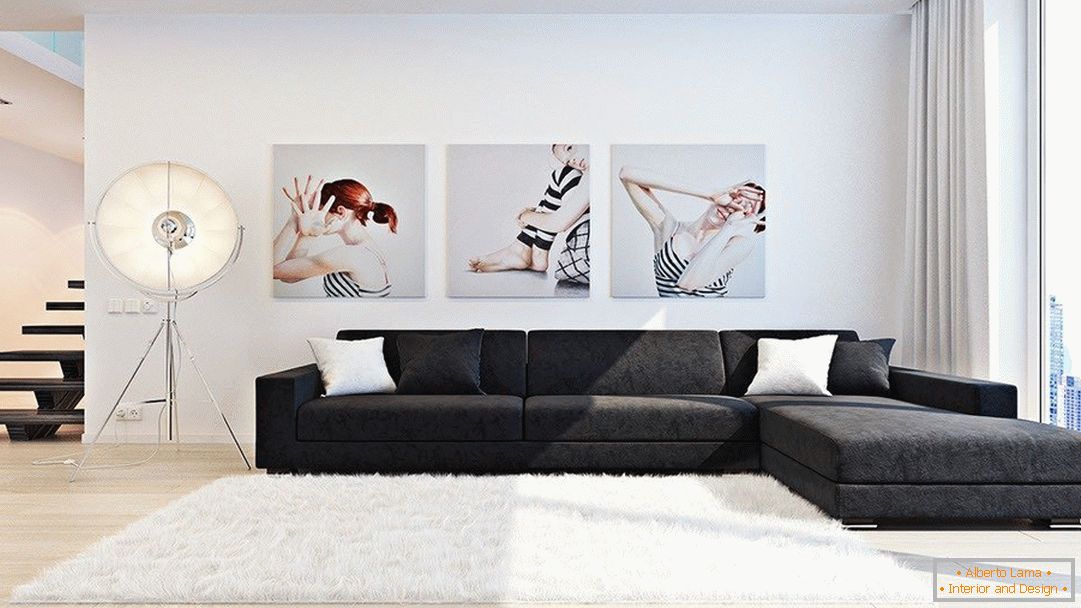 Sala de estar en estilo minimalista con pinturas