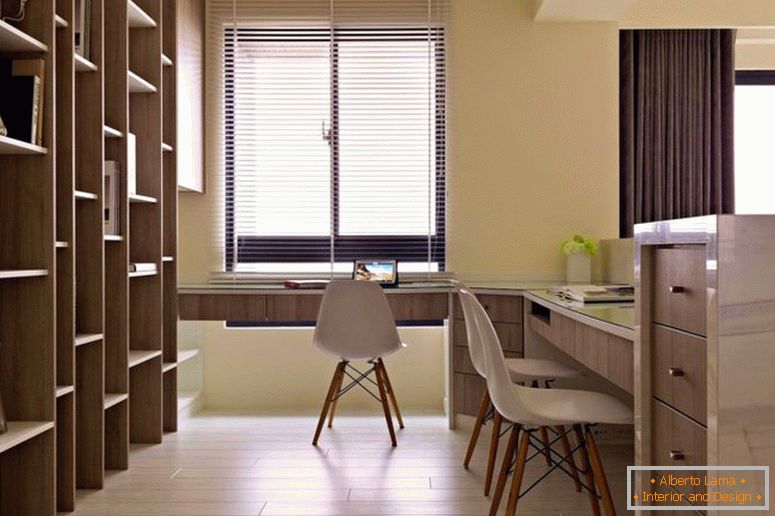 apuesto-diseño-oficina-interior-ideas-crema-pared-pintura-color-l-forma-computadora-escritorio-madera-gran-almacenamiento-bastidores-cofre-de-cajones-vidrieras-con-persianas- blanco-gris-marrón-laminado