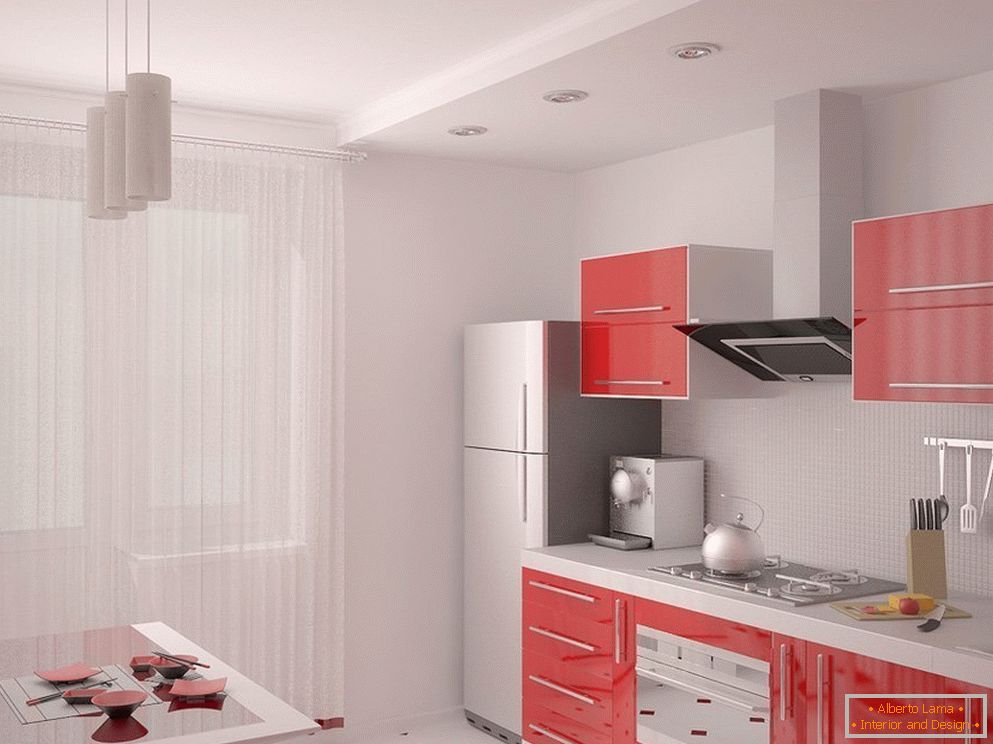 Interior luminoso con cocina roja