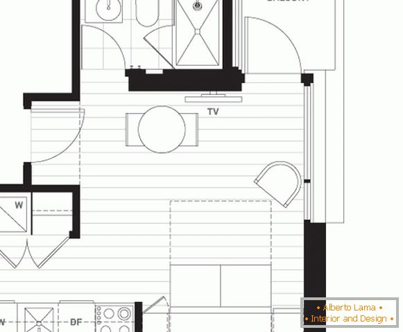El diseño de un pequeño estudio con balcón