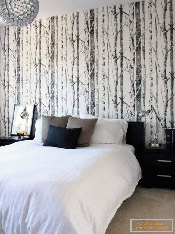 Papel tapiz blanco y negro en el dormitorio - bosque de diseño de fotos