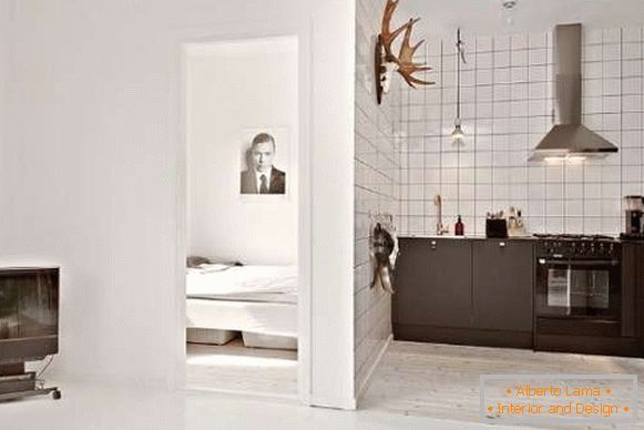 Diseño interior de la cocina en pequeños apartamentos estudio - foto en blanco y negro