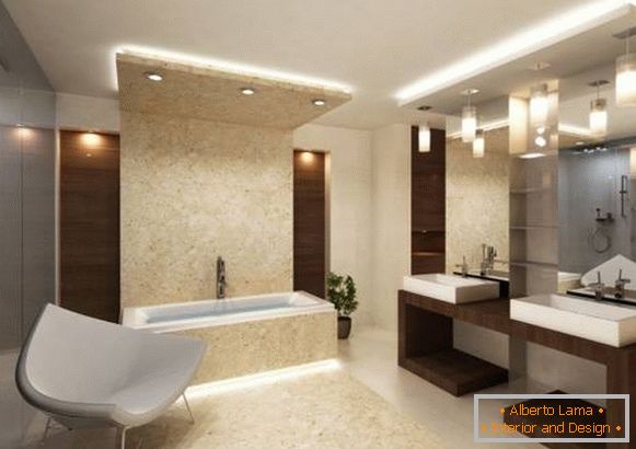 Hermosa iluminación e iluminación en el diseño del baño