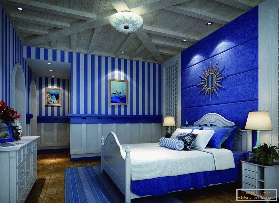 Interior de dormitorio blanco y azul