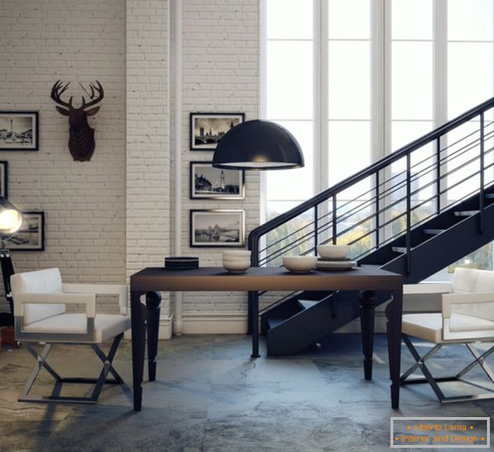 El estilo de Loft puede ser ligero y elegante. Pintar las paredes, poner muebles modernos formas lacónicas, foto dentro.