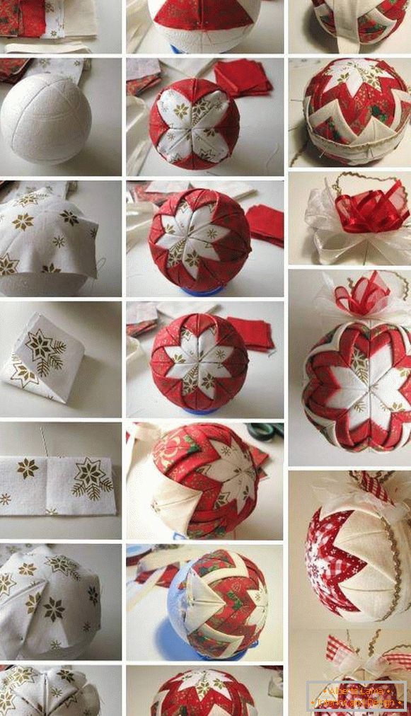 Cómo hacer una bola de Año Nuevo con sus propias manos hechas de tela y cintas