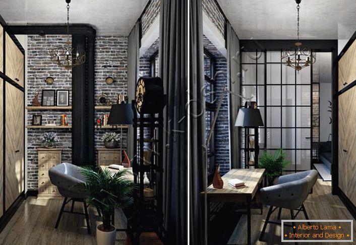Una solución elegante para la oficina. El estilo loft es una decoración interior interesante. Los muebles modernos se ven rentables en el contexto de un acabado rugoso de ladrillo gris. 