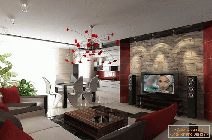 Líneas de muebles reconocibles en estilo de alta tecnología para una amplia sala de estar con notas de colores de estilo italiano. 