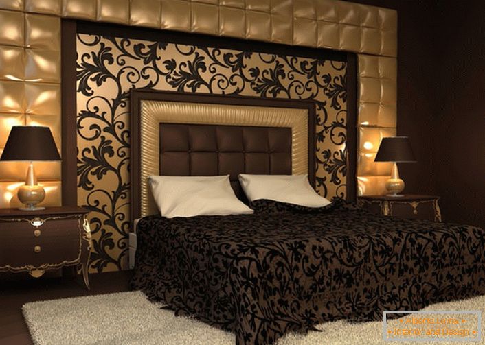 Lo más destacado de la solución de diseño fue el respaldo en la cabecera de la cama y la pared, cubierto con un paño suave. Adornos en la colcha eco con adornos en el panel de la pared. 
