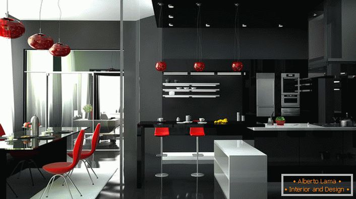 Elegante habitación estudio con muebles originales de alta tecnología. El color rojo siempre se ve en el fondo blanco y negro del interior.
