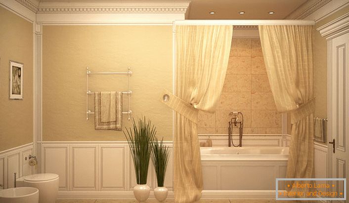 El baño está cubierto con cortinas de luz al estilo del romanticismo.