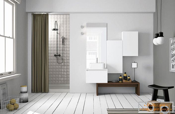 En el interior del baño en el estilo escandinavo, el piso pulido es especialmente atractivo. 