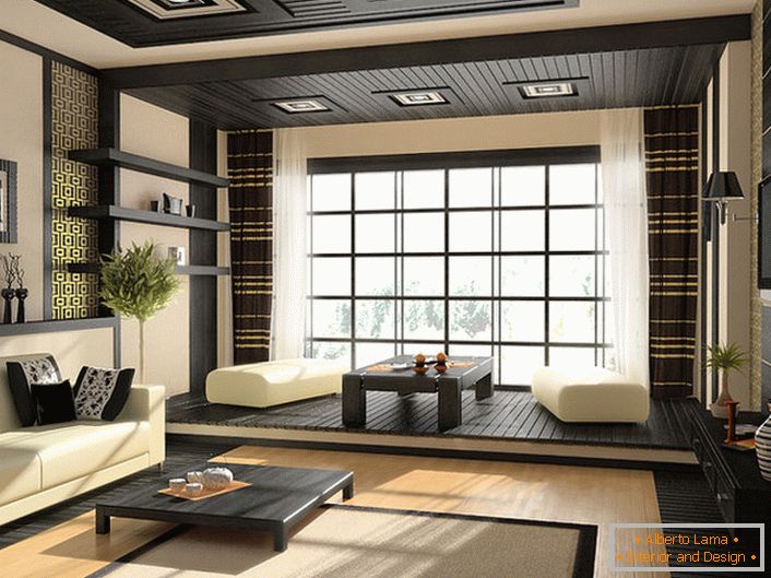 El color oriental atrae con su gracia. La sala de estar de una gran casa de campo está decorada al estilo del minimalismo japonés. 