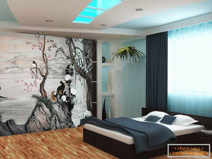 Para decorar las paredes de la habitación en el estilo del minimalismo japonés, se utilizó el fondo de pantalla con impresión fotográfica. El dibujo temático hace que la composición sea original y completa.