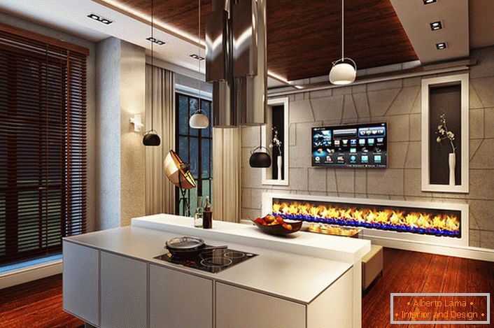 Parece una biochimenea en el interior de una espaciosa cocina de estilo de alta tecnología.