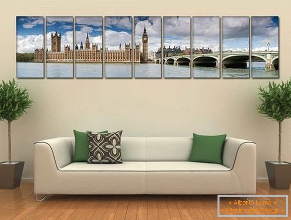 Hermoso diseño de la sala de estar con una foto en lienzo