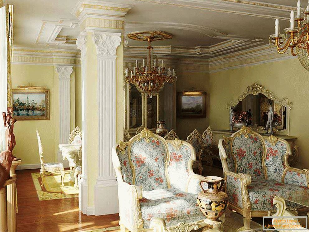 Una sala de estar barroca con iluminación correctamente seleccionada. También son interesantes las columnas con molduras de cerámica.
