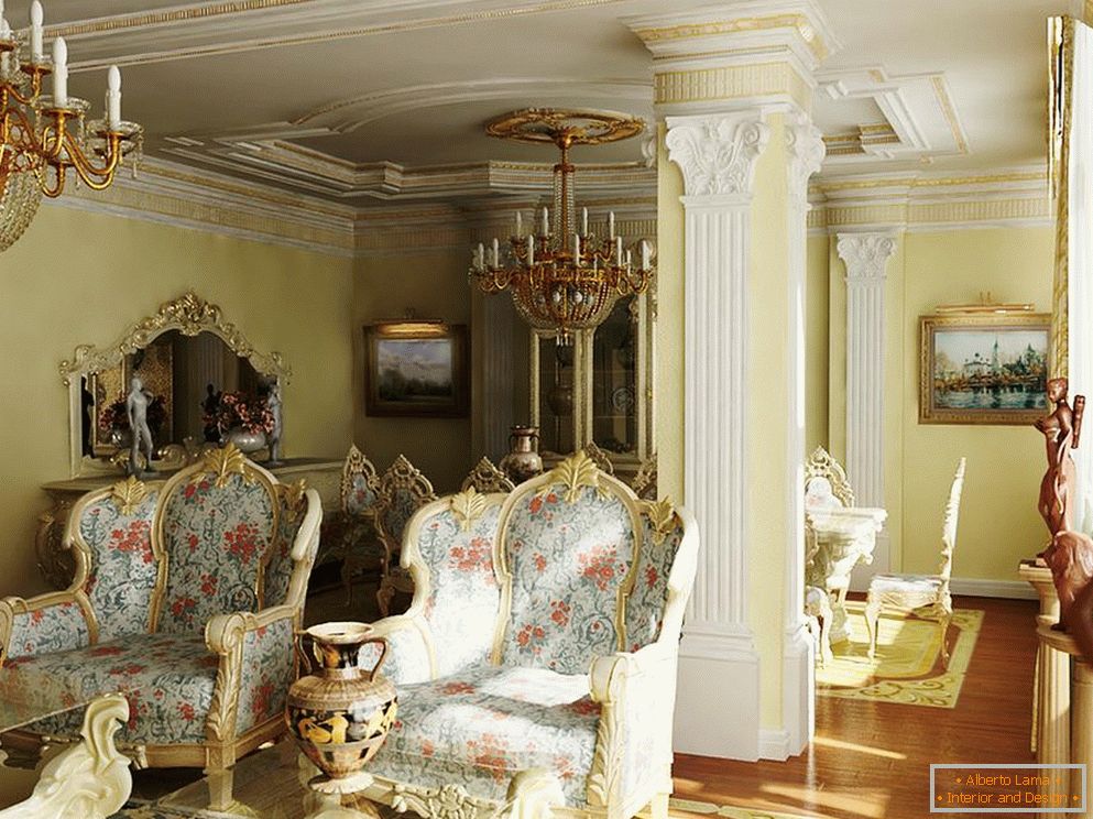 Exquisito y lujoso estilo barroco para una habitación de huéspedes. El ejemplo correcto de iluminación para el estilo barroco.