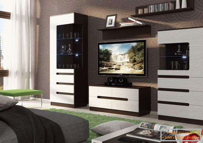 Muebles modulares para sala de estar de estilo high-tech. La alta tecnología no tolera la simetría aburrida y hastiada.