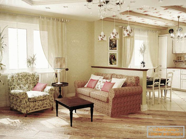 El proyecto de diseño se hizo bajo el orden de una joven dama. Un interior suave y modesto para una sala de estilo provenzal de estilo rústico.