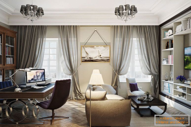 sala de estar combinada con gabinete en estilo clásico