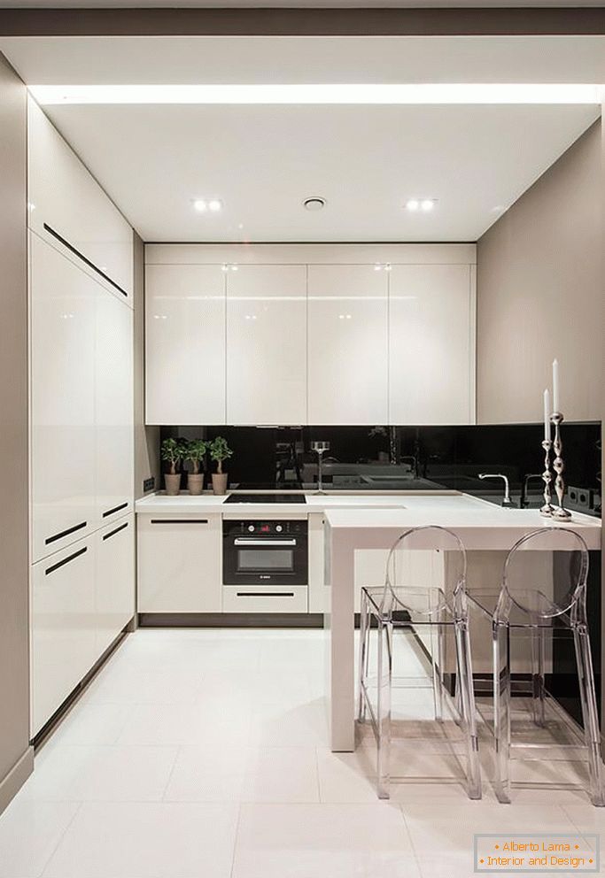 Elegante cocina en blanco y negro en un espacio pequeño