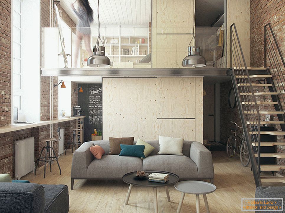 Interior de un apartamento de dos niveles en estilo loft