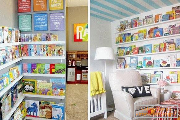 Libros para niños en los estantes en la pared