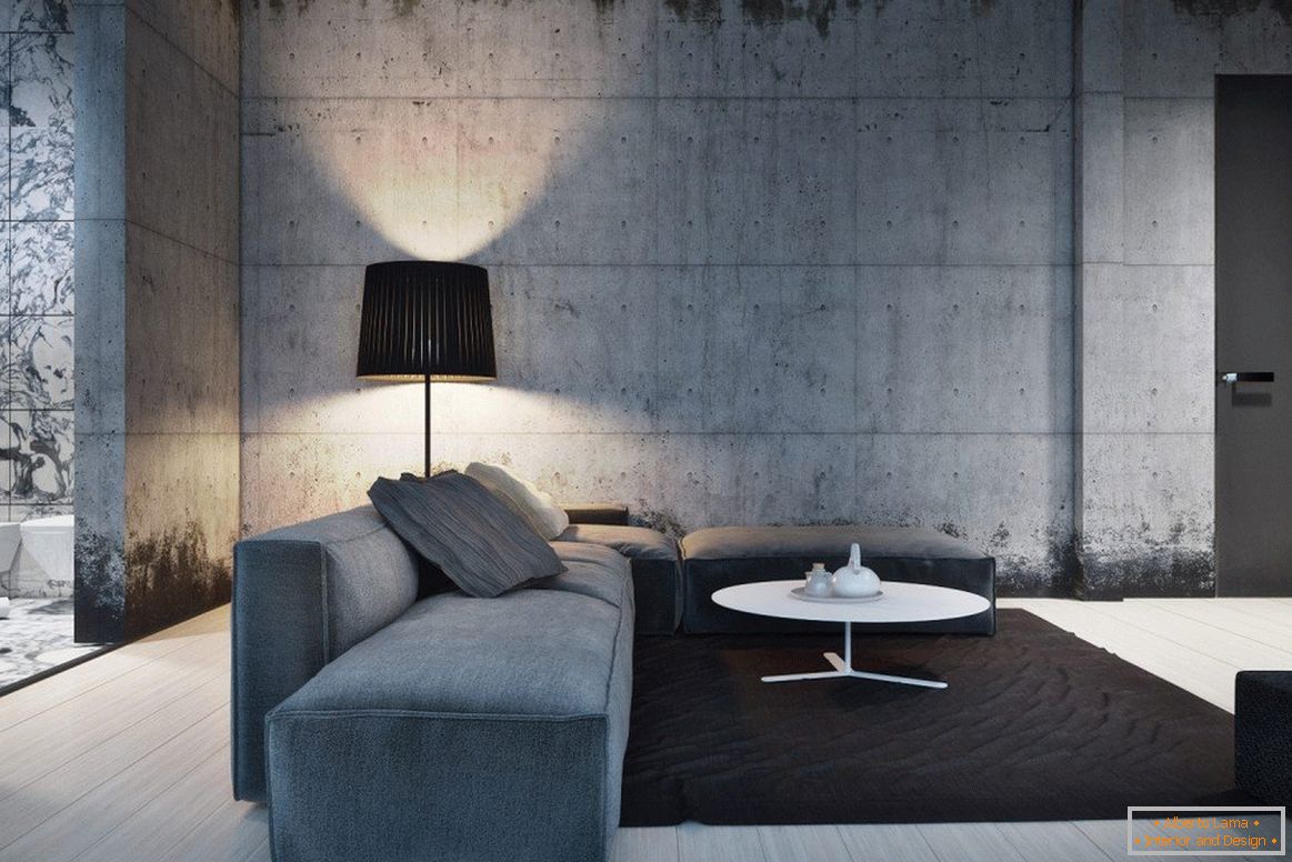 Sala de estar en estilo minimalista con piso gris