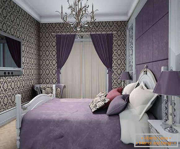 Dormitorio en tonos morados - fotos con papel pintado estampado