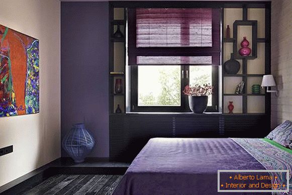 Dormitorio en púrpura - un diseño de fotografía con un árbol oscuro
