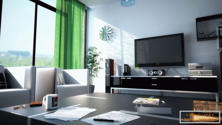 hipnotizante-interior-moderno-verde-tema-de-cortinas-en-moderna-sala de estar
