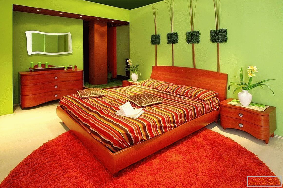 Interior de dormitorio rojo y verde
