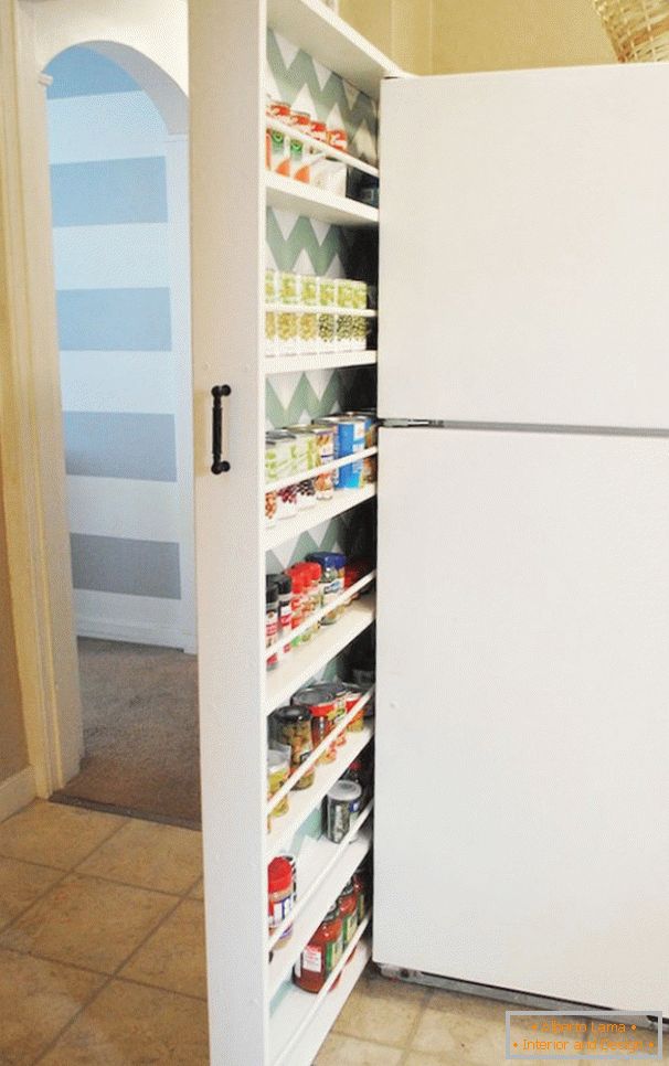 Sala de almacenamiento retráctil detrás del refrigerador