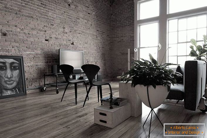Laminado gris oscuro en la sala de estar se ve perfecto. Para la decoración de interiores en el estilo loft, puede utilizar imágenes inusuales.