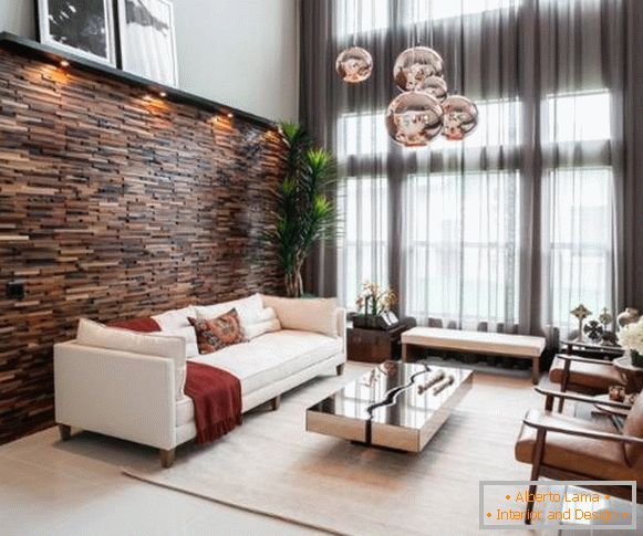Paneles de madera en el interior - diseño de la sala de estar elegante