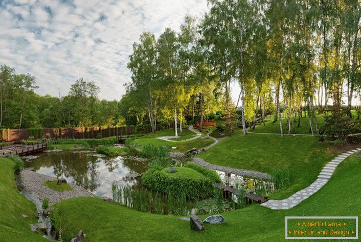 Un estanque artificial detrás de la casa, que está decorado en el estilo de un chalet. Una solución inusual y audaz para el diseño de diseño de paisaje.