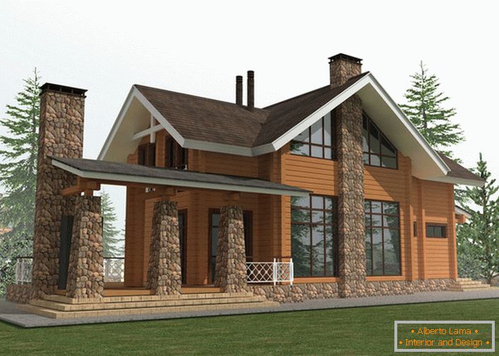 El proyecto de diseño de una casa de campo en el estilo de un chalet se basa en el uso para la construcción de un marco de madera y piedra natural.